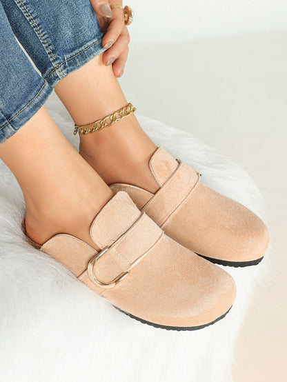 Beige Suede Slip-On Mules with Gold-Tone Arch Buckle and Cushioned Sole