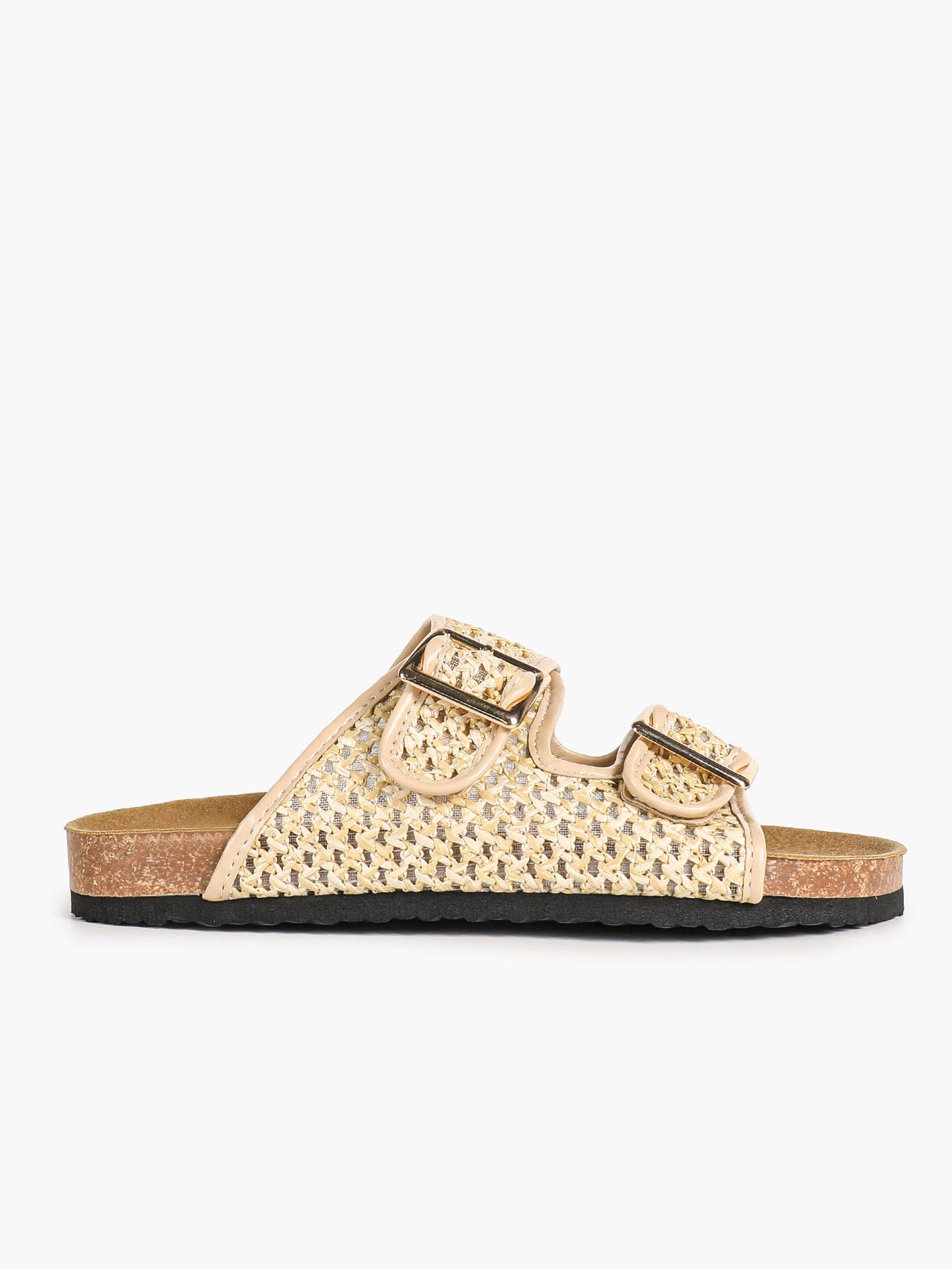 Cream Woven Double-Strap Slide Sandals with Cushioned Cork-Effect Sole