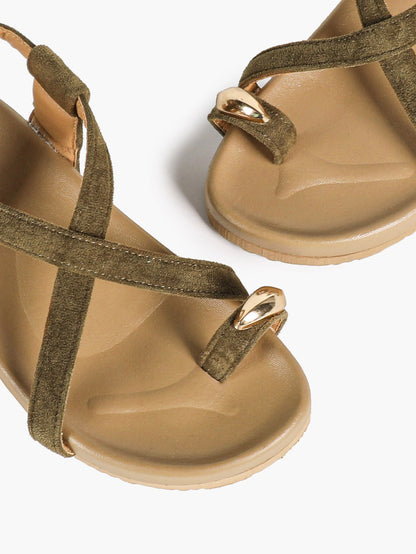 Olive Green Suede Criss-Cross Strap Sandals with Gold-Tone Oval Detail and Platform Sole