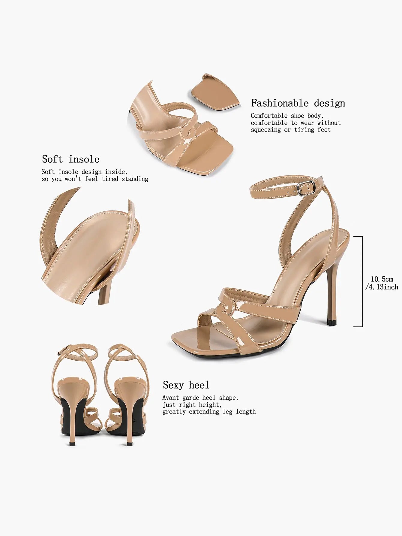 Women's Gold Leather Cross Strap Stiletto Heels 4.13 Inch Square Toe Ankle Strap Sandals YISHIFAN