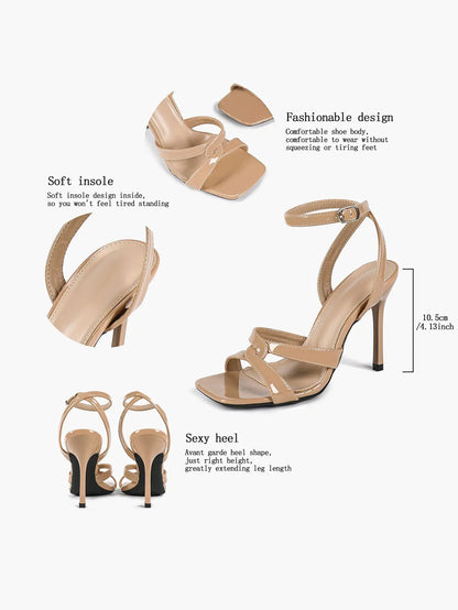 Women's Gold Leather Cross Strap Stiletto Heels 4.13 Inch Square Toe Ankle Strap Sandals YISHIFAN