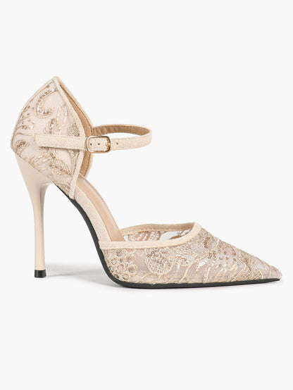 Sparkly Lace Pointed Toe Heels - 4.13" Ankle Strap Pumps with Non-Slip Sole