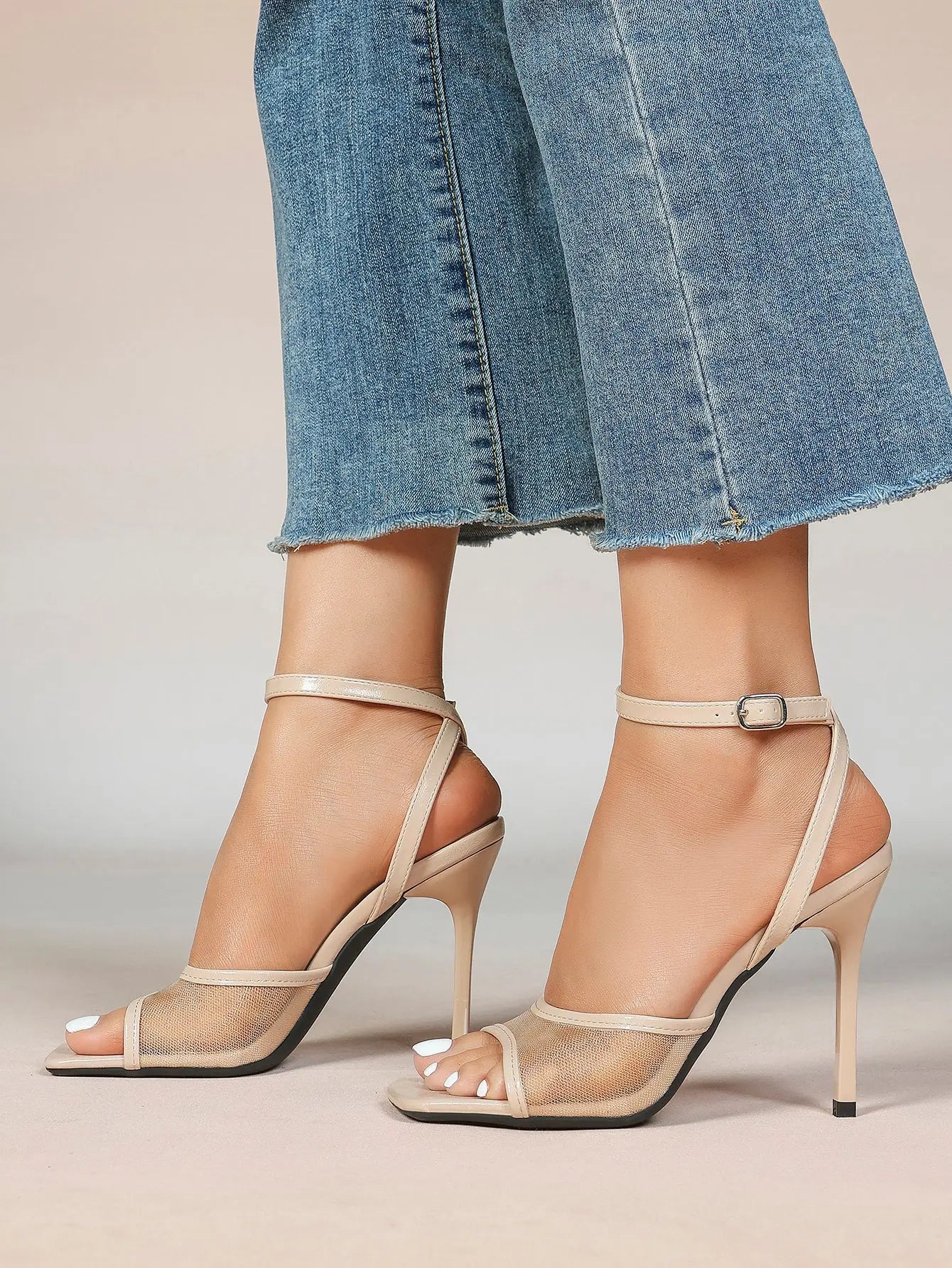 Women's Leather Mesh Ankle Strap Sandals Stiletto Heels Square Toe with 4.13 Inch Heel YISHIFAN