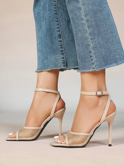 Women's Leather Mesh Ankle Strap Sandals Stiletto Heels Square Toe with 4.13 Inch Heel YISHIFAN