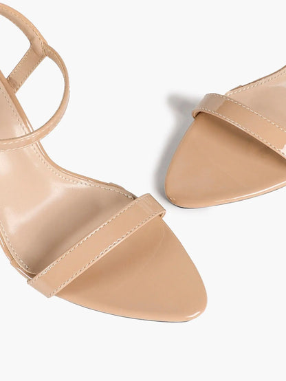 Women's Nude Patent Strappy High Heel Sandals Open Toe Slingback Stiletto with Ankle Buckle YISHIFAN