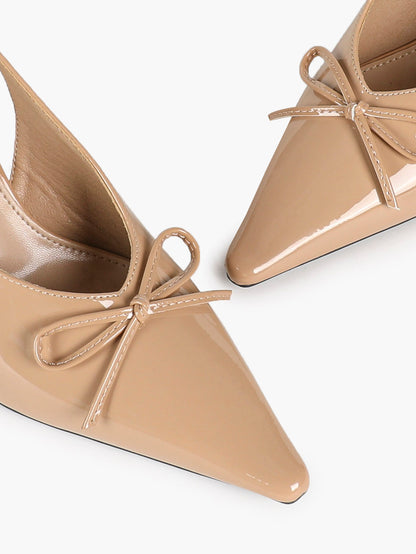 Nude Patent Pointed Toe Slingback Pumps Bow Detail Flared Heels Balletcore Elegant Shoes