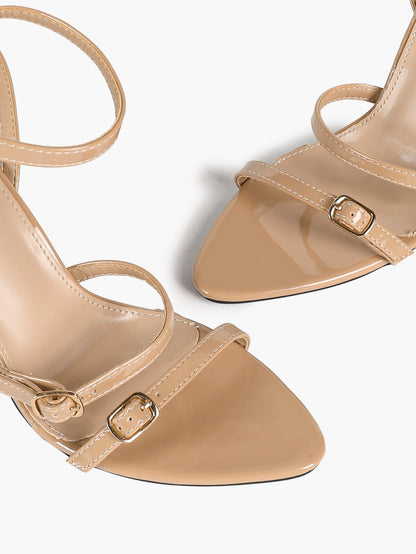 Nude Patent Double Strap Stiletto Sandals Ankle Buckle Pointed Open Toe Heels Elegant Office Shoes