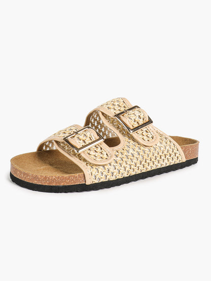 Cream Woven Double-Strap Slide Sandals with Cushioned Cork-Effect Sole