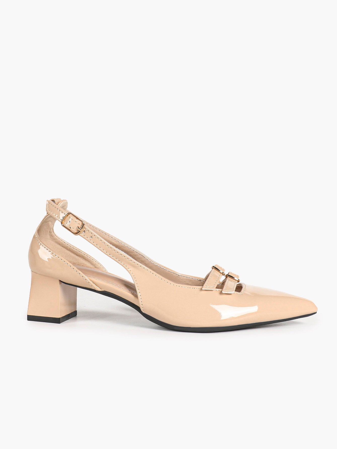 Nude Patent Pointed-Toe Slingback Pumps with Double Buckle Straps and Block Heel