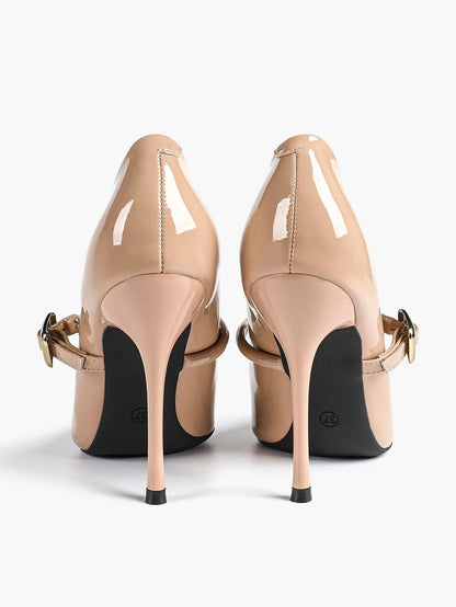 Women's Leather Stiletto Heels 4.13 Inch Pointed Toe Strap Pumps Shoes with Buckle for Casual Office YISHIFAN