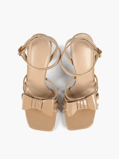 Women's Metallic Silver Open Toe Square Stiletto Sandals Galaxy Bowknot with Ankle Strap for Any Formal Scene YISHIFAN