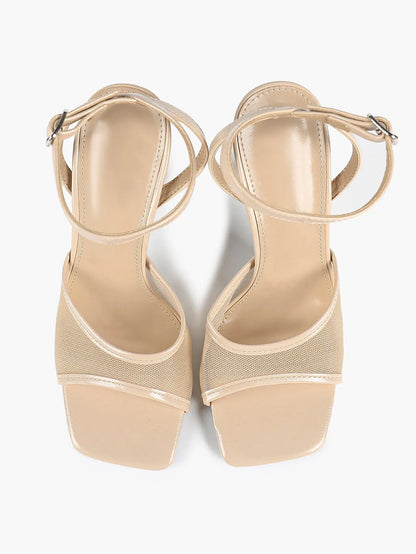 Women's Leather Mesh Ankle Strap Sandals Stiletto Heels Square Toe with 4.13 Inch Heel YISHIFAN