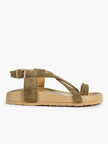 Olive Green Suede Criss-Cross Strap Sandals with Gold-Tone Oval Detail and Platform Sole