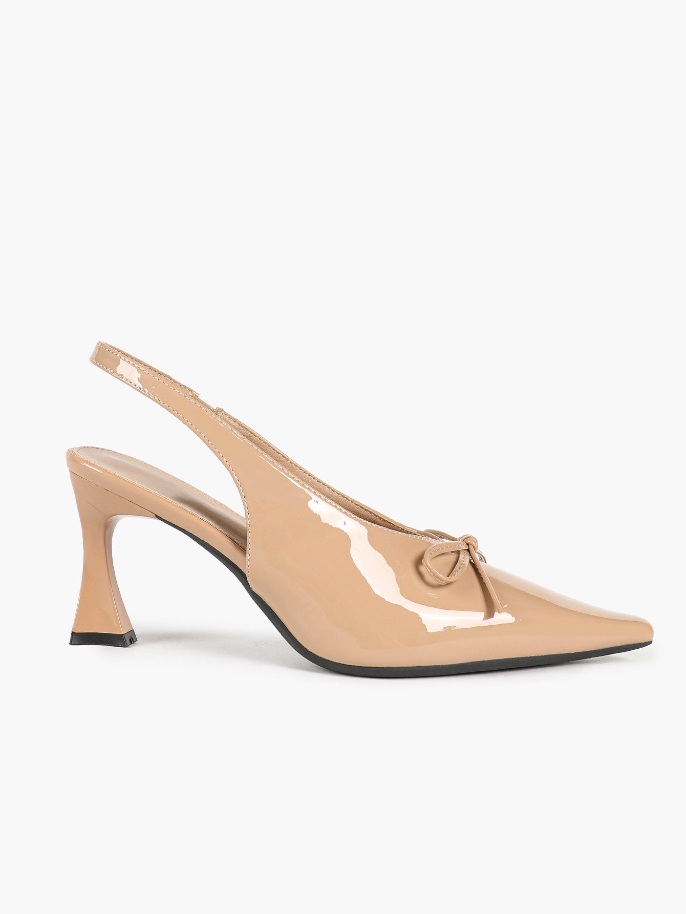 Nude Patent Pointed Toe Slingback Pumps Bow Detail Flared Heels Balletcore Elegant Shoes