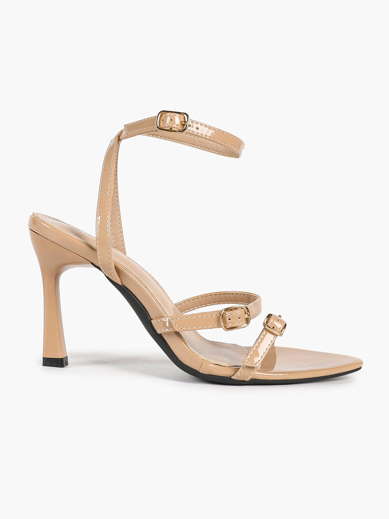 Nude Patent Double Strap Stiletto Sandals Ankle Buckle Pointed Open Toe Heels Elegant Office Shoes