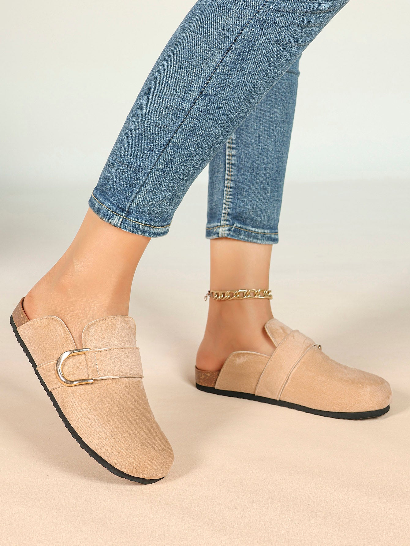 Beige Suede Slip-On Mules with Gold-Tone Arch Buckle and Cushioned Sole