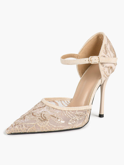 Sparkly Lace Pointed Toe Heels - 4.13" Ankle Strap Pumps with Non-Slip Sole