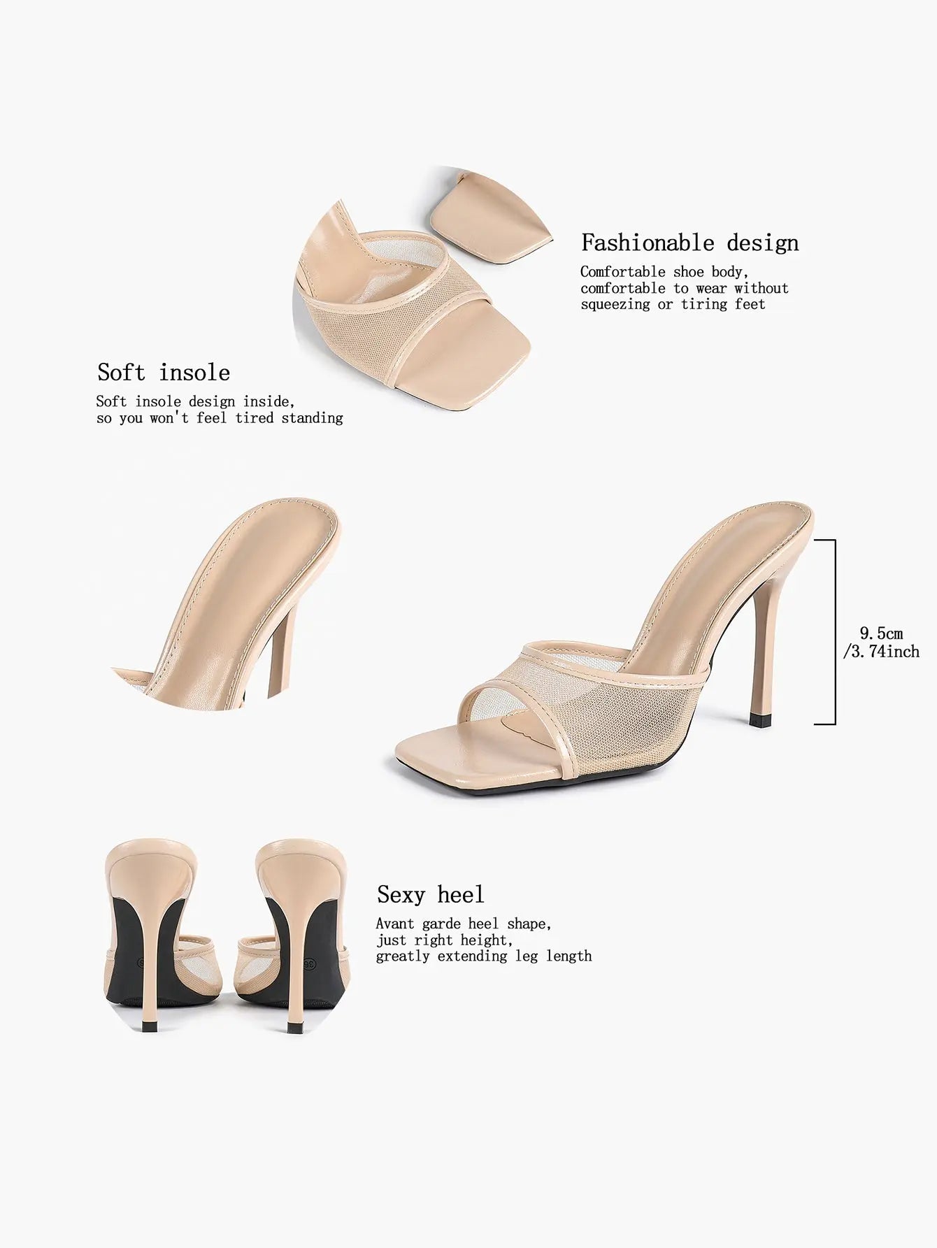 Women's Kitten Heels with Open Toe Square  Stiletto Sandals Slip On Mesh Mule Heels for Wedding Party YISHIFAN