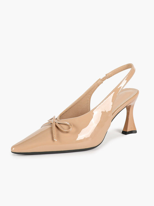 Nude Patent Pointed Toe Slingback Pumps Bow Detail Flared Heels Balletcore Elegant Shoes