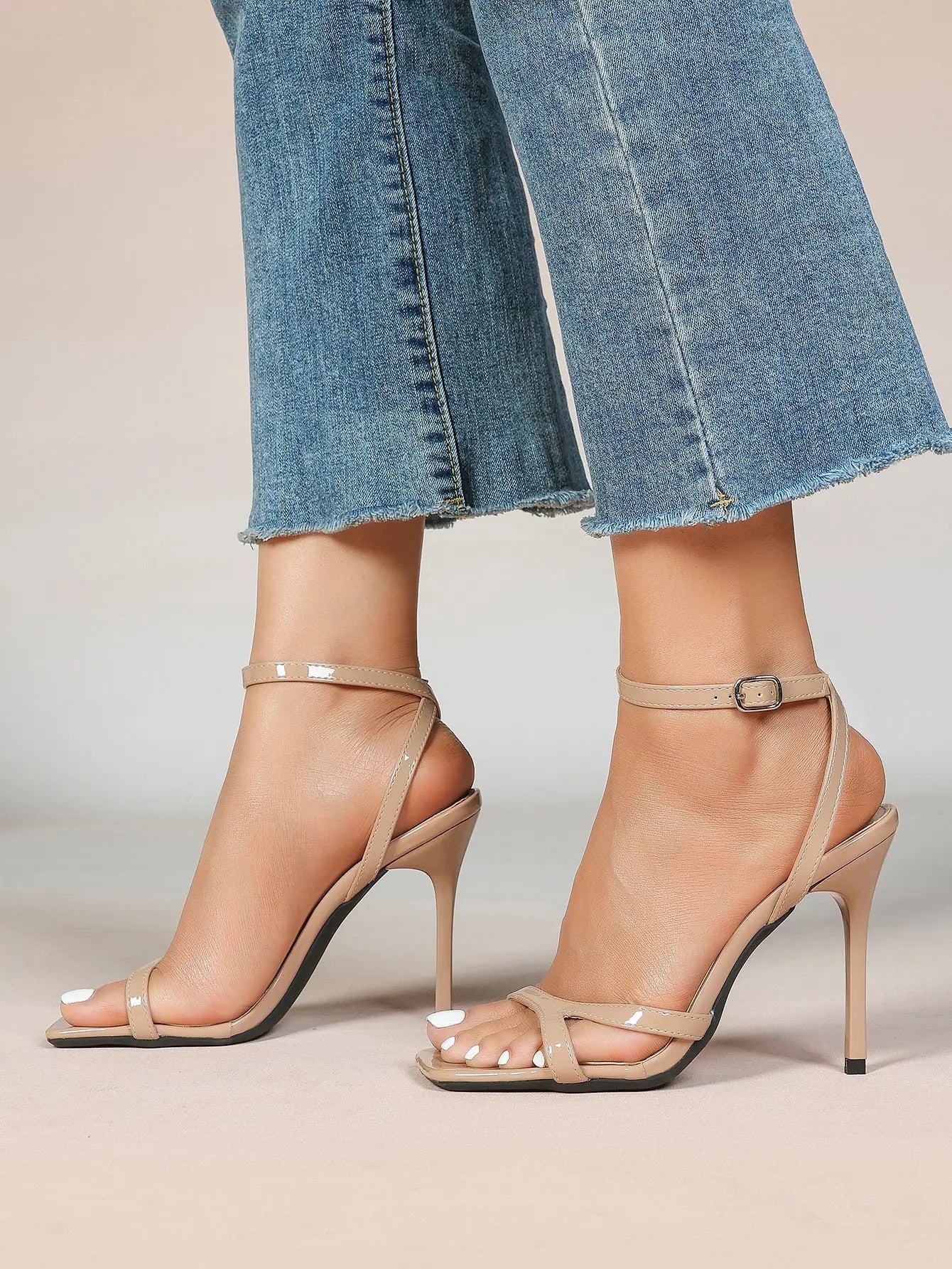 Women's Leather Adjustable Ankle Strap Stiletto Heels High Heels 4.13 Inch Heel Open Square Toe Sandals YISHIFAN