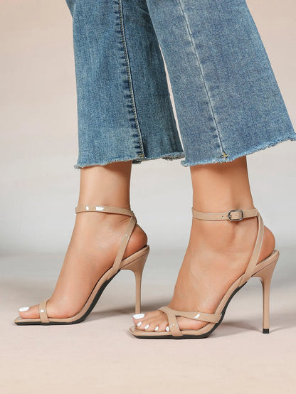 Women's Leather Adjustable Ankle Strap Stiletto Heels High Heels 4.13 Inch Heel Open Square Toe Sandals YISHIFAN