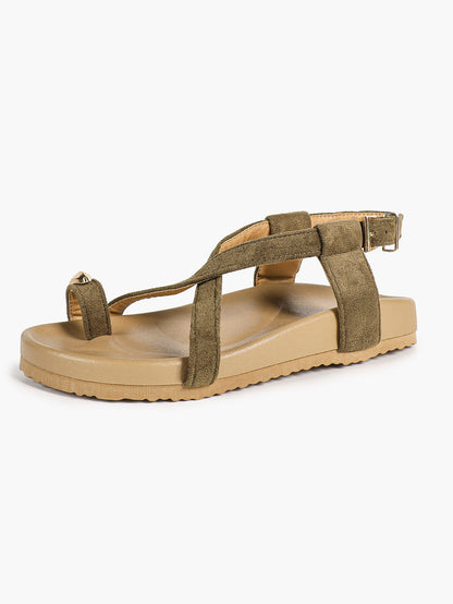 Olive Green Suede Criss-Cross Strap Sandals with Gold-Tone Oval Detail and Platform Sole