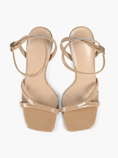 Women's Leather Adjustable Ankle Strap Stiletto Heels High Heels 4.13 Inch Heel Open Square Toe Sandals YISHIFAN
