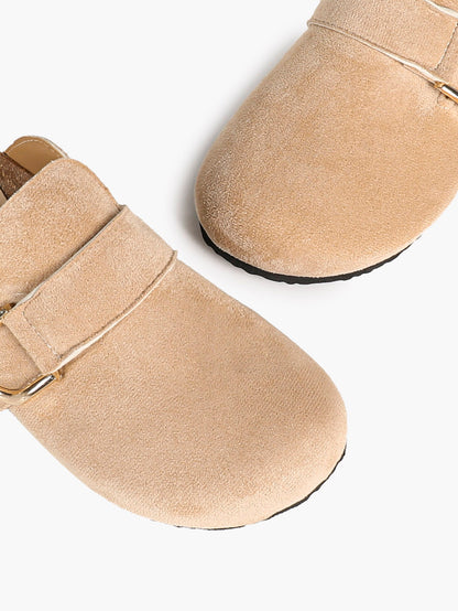 Beige Suede Slip-On Mules with Gold-Tone Arch Buckle and Cushioned Sole