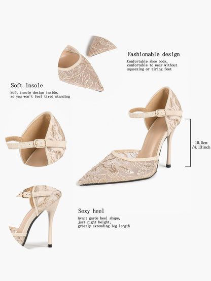 Sparkly Lace Pointed Toe Heels - 4.13" Ankle Strap Pumps with Non-Slip Sole