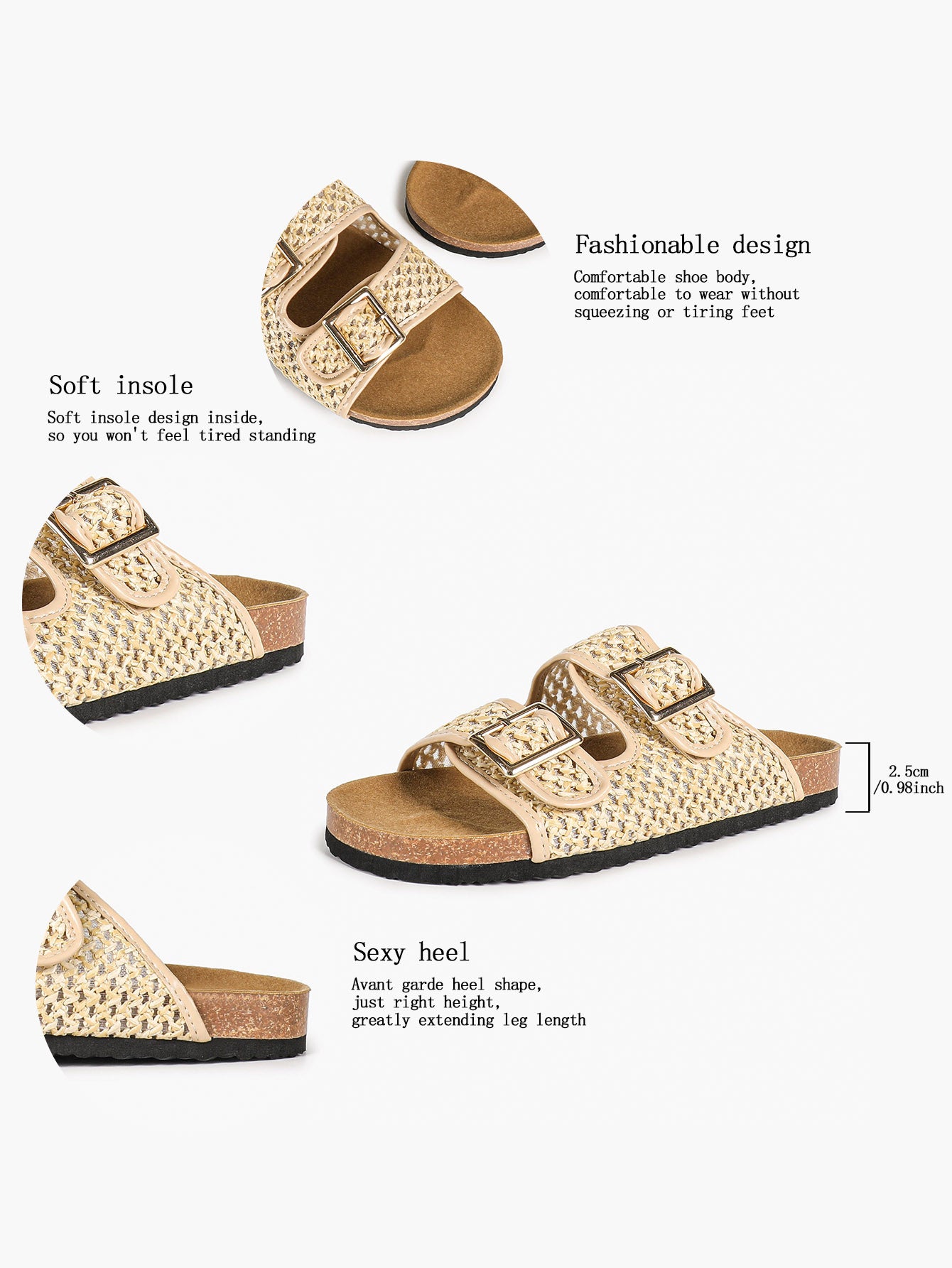 Cream Woven Double-Strap Slide Sandals with Cushioned Cork-Effect Sole
