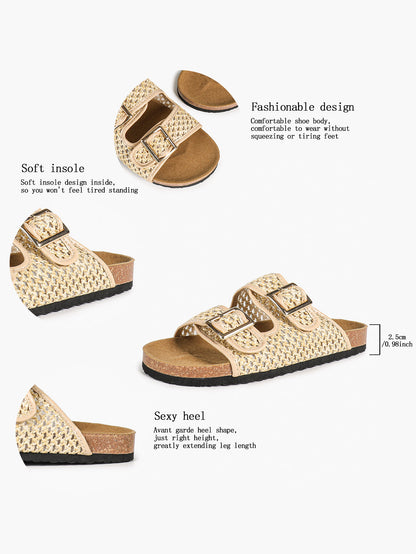 Cream Woven Double-Strap Slide Sandals with Cushioned Cork-Effect Sole