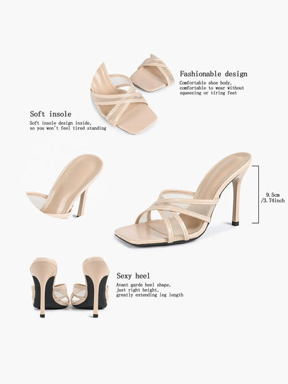 Women's Square Toe Cross Strap High Heel Sandals 3.74 Inch Sexy Stiletto Heels with Soft Insole Comfortable Mesh YISHIFAN