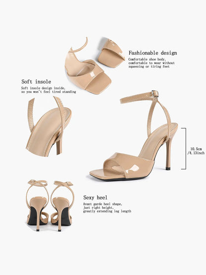 Women's Stiletto Heels 4.13 Inch Square Toe Ankle Strap Sandals Wedding Party Office Dress Shoes YISHIFAN