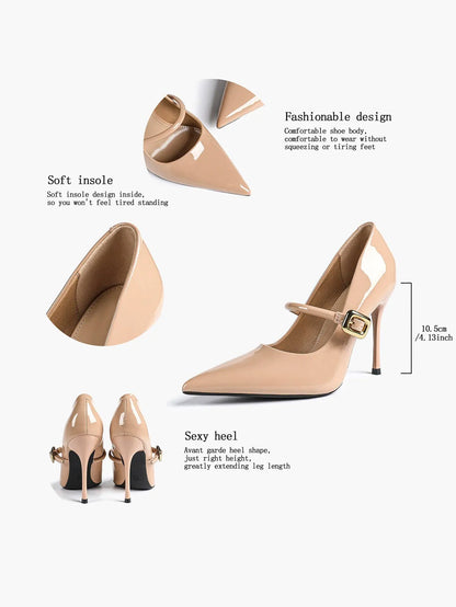 Women's Leather Stiletto Heels 4.13 Inch Pointed Toe Strap Pumps Shoes with Buckle for Casual Office YISHIFAN