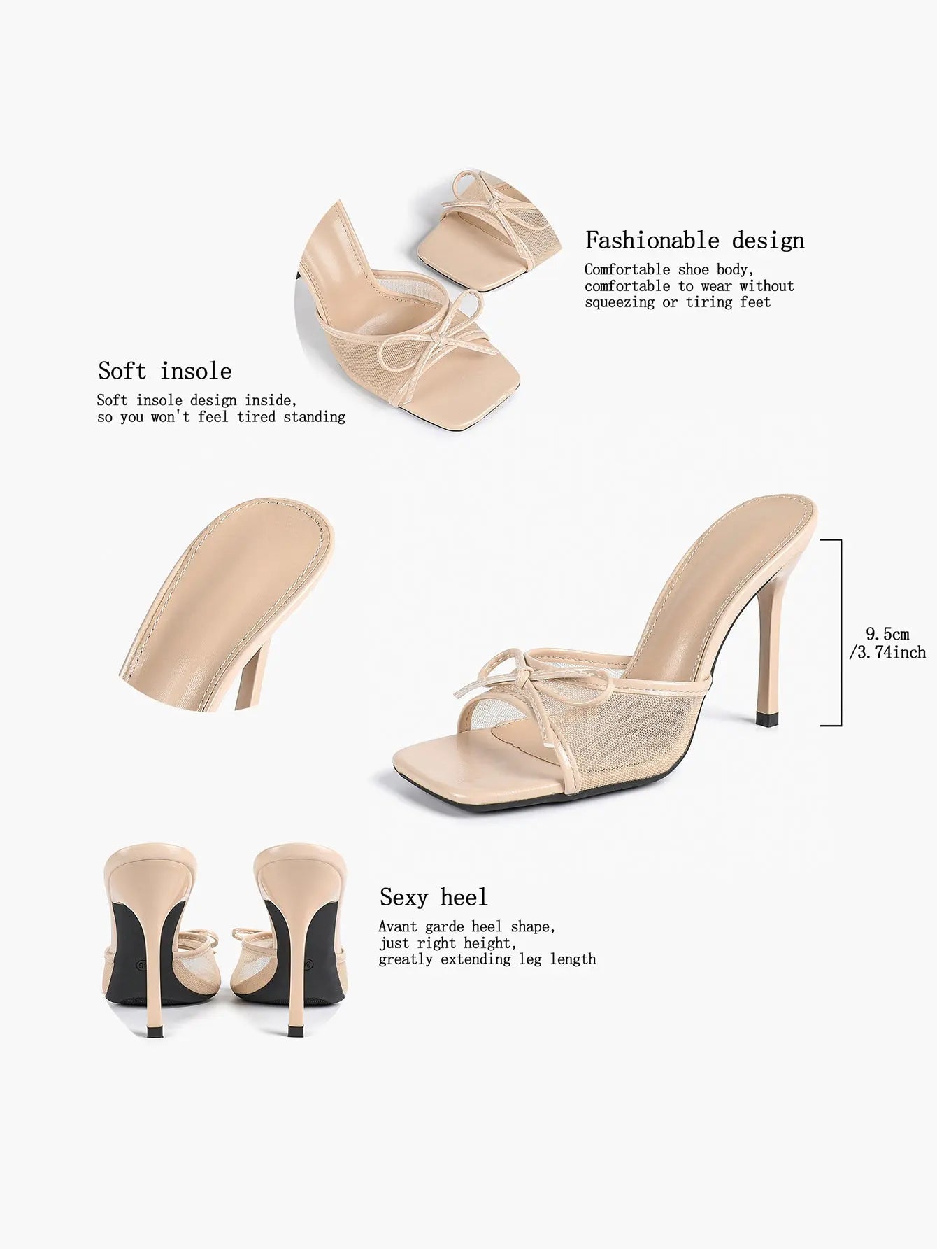 Women's Bowknot Mesh High Heel Sandals 3.74 Inch Open Square Toe Stiletto Sandals YISHIFAN