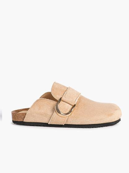 Beige Suede Slip-On Mules with Gold-Tone Arch Buckle and Cushioned Sole