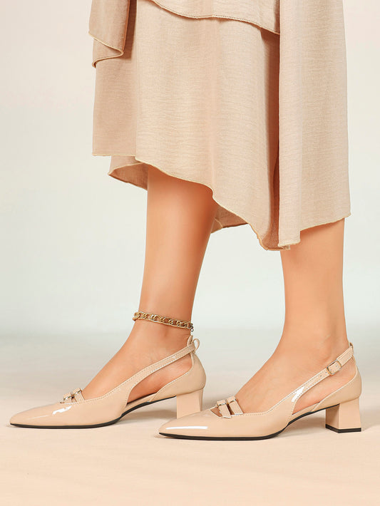 Nude Patent Pointed-Toe Slingback Pumps with Double Buckle Straps Chunky Heel - YISHIFAN