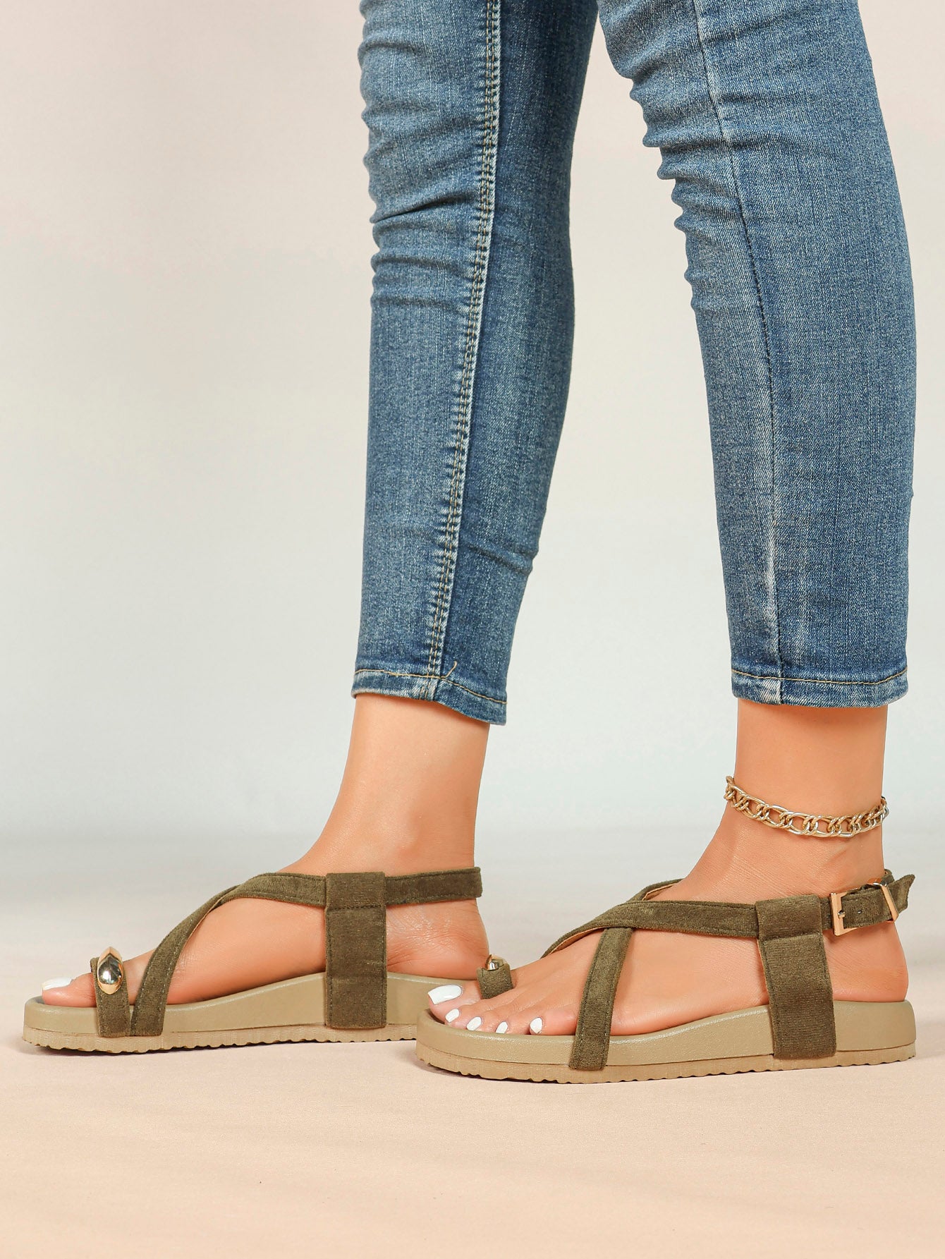 Olive Green Suede Criss-Cross Strap Sandals with Gold-Tone Oval Detail and Platform Sole