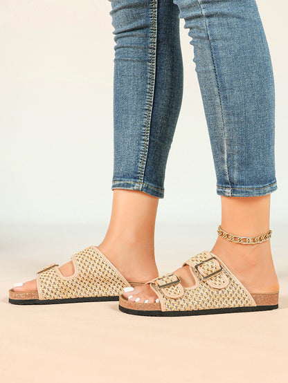Cream Woven Double-Strap Slide Sandals with Cushioned Cork-Effect Sole