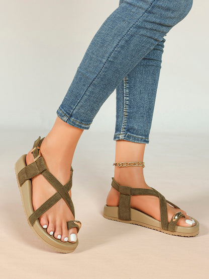 Olive Green Suede Criss-Cross Strap Sandals with Gold-Tone Oval Detail and Platform Sole