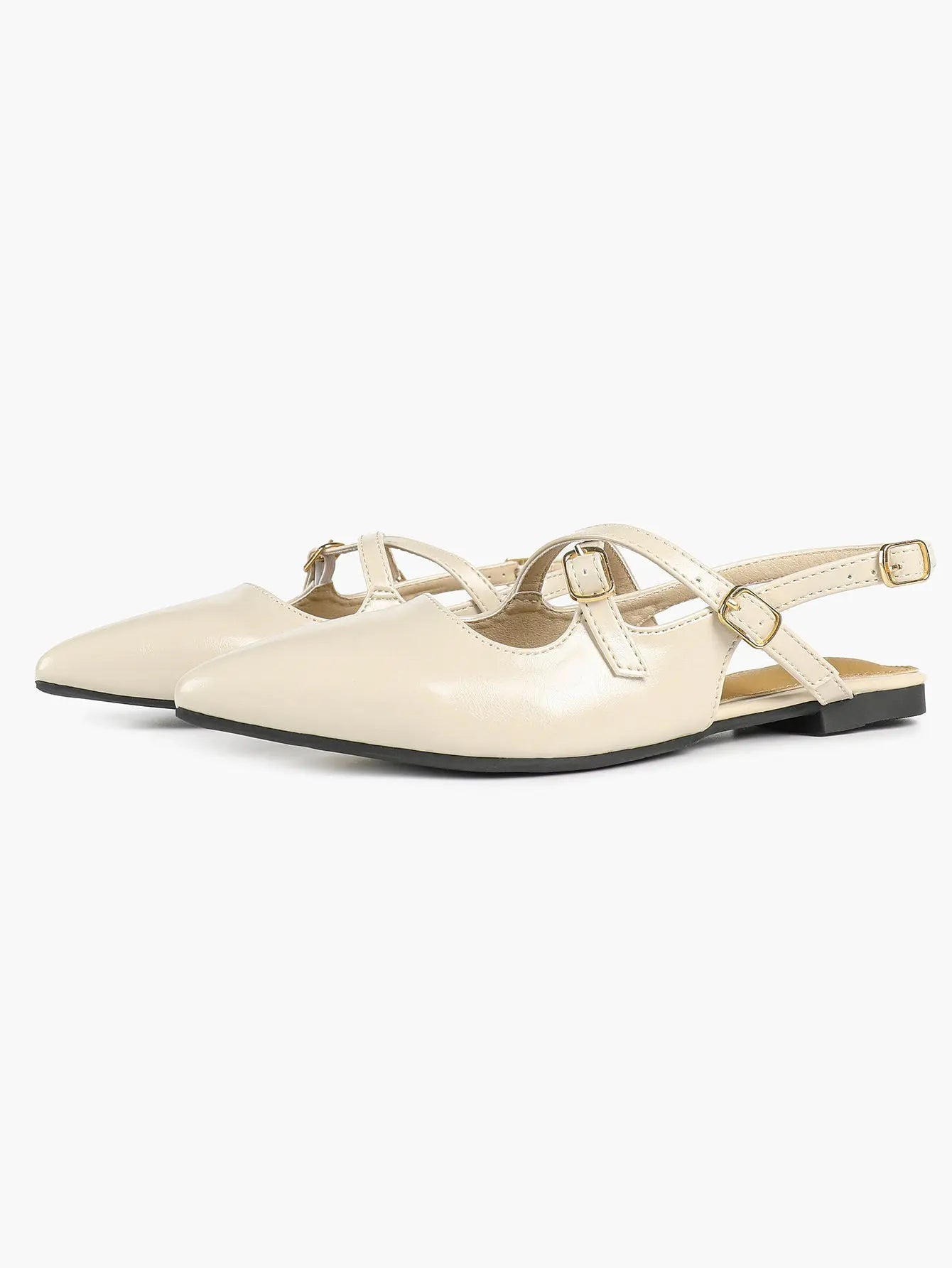Women's Ivory Leather Ballet Flats Roman Cross Strap Closed Toe Pointed Flats for Work Party Dress Shoes YISHIFAN