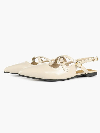 Women's Ivory Leather Ballet Flats Roman Cross Strap Closed Toe Pointed Flats for Work Party Dress Shoes YISHIFAN