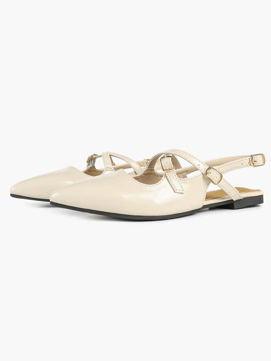 Women's Ivory Leather Ballet Flats Roman Cross Strap Closed Toe Pointed Flats for Work Party Dress Shoes YISHIFAN