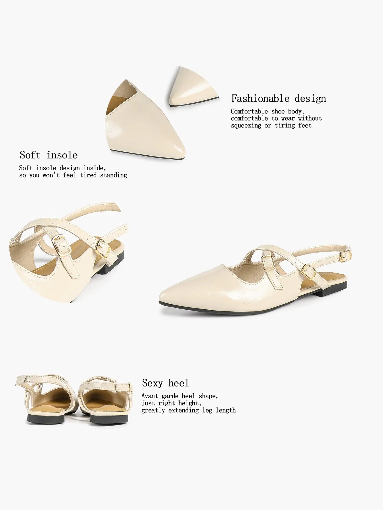 Women's Ivory Leather Ballet Flats Roman Cross Strap Closed Toe Pointed Flats for Work Party Dress Shoes YISHIFAN