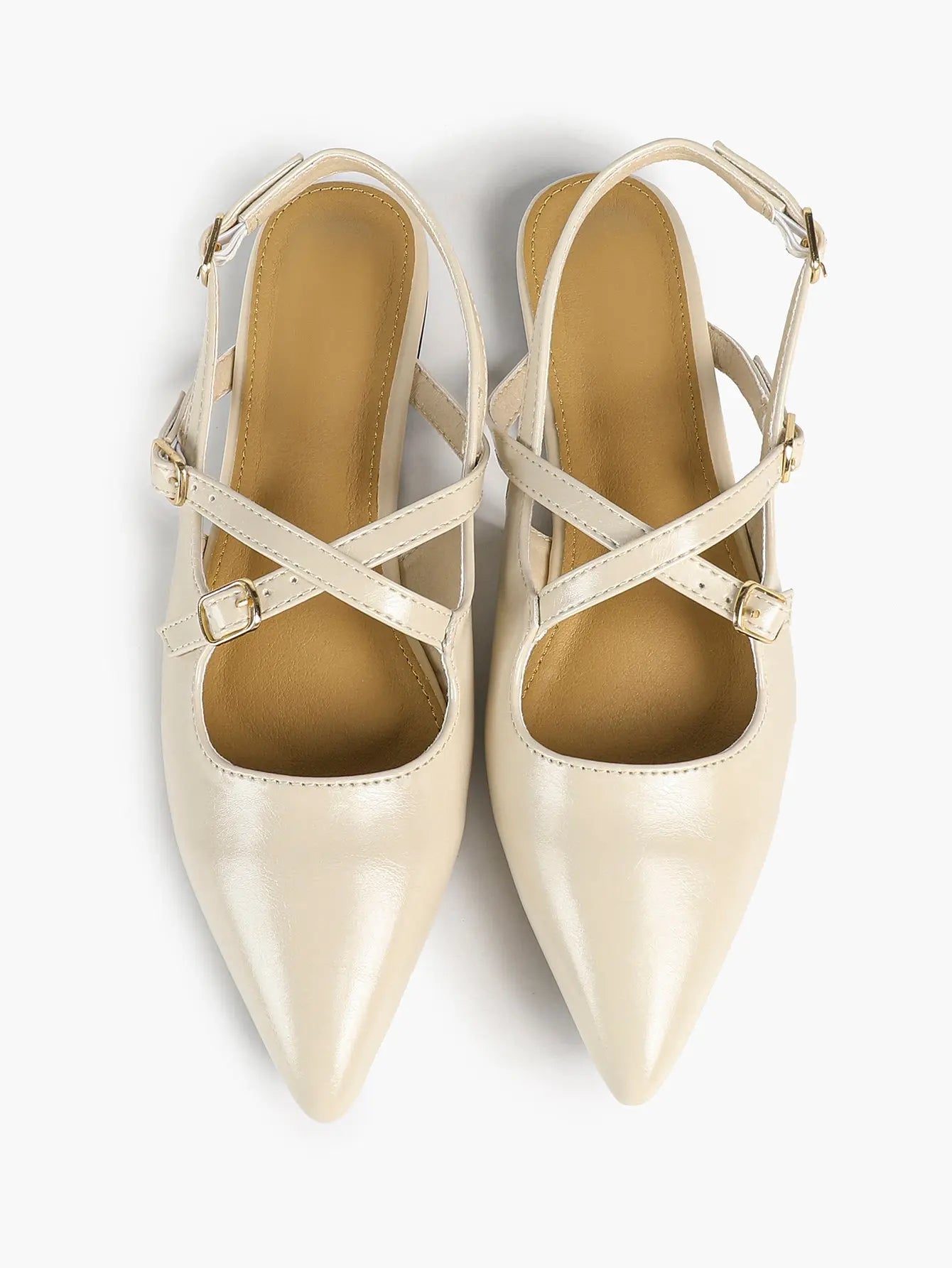Women's Ivory Leather Ballet Flats Roman Cross Strap Closed Toe Pointed Flats for Work Party Dress Shoes YISHIFAN