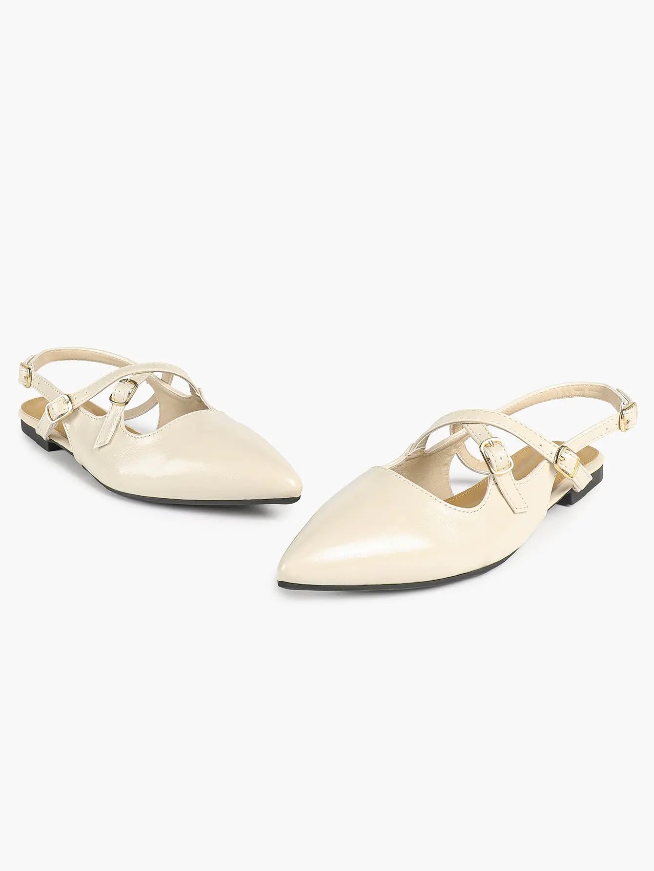 Women's Ivory Leather Ballet Flats Roman Cross Strap Closed Toe Pointed Flats for Work Party Dress Shoes YISHIFAN