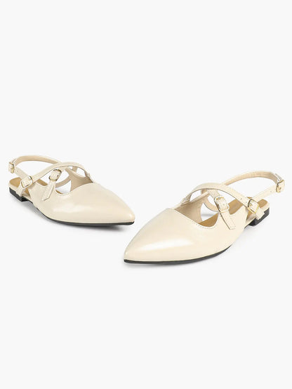 Women's Ivory Leather Ballet Flats Roman Cross Strap Closed Toe Pointed Flats for Work Party Dress Shoes YISHIFAN