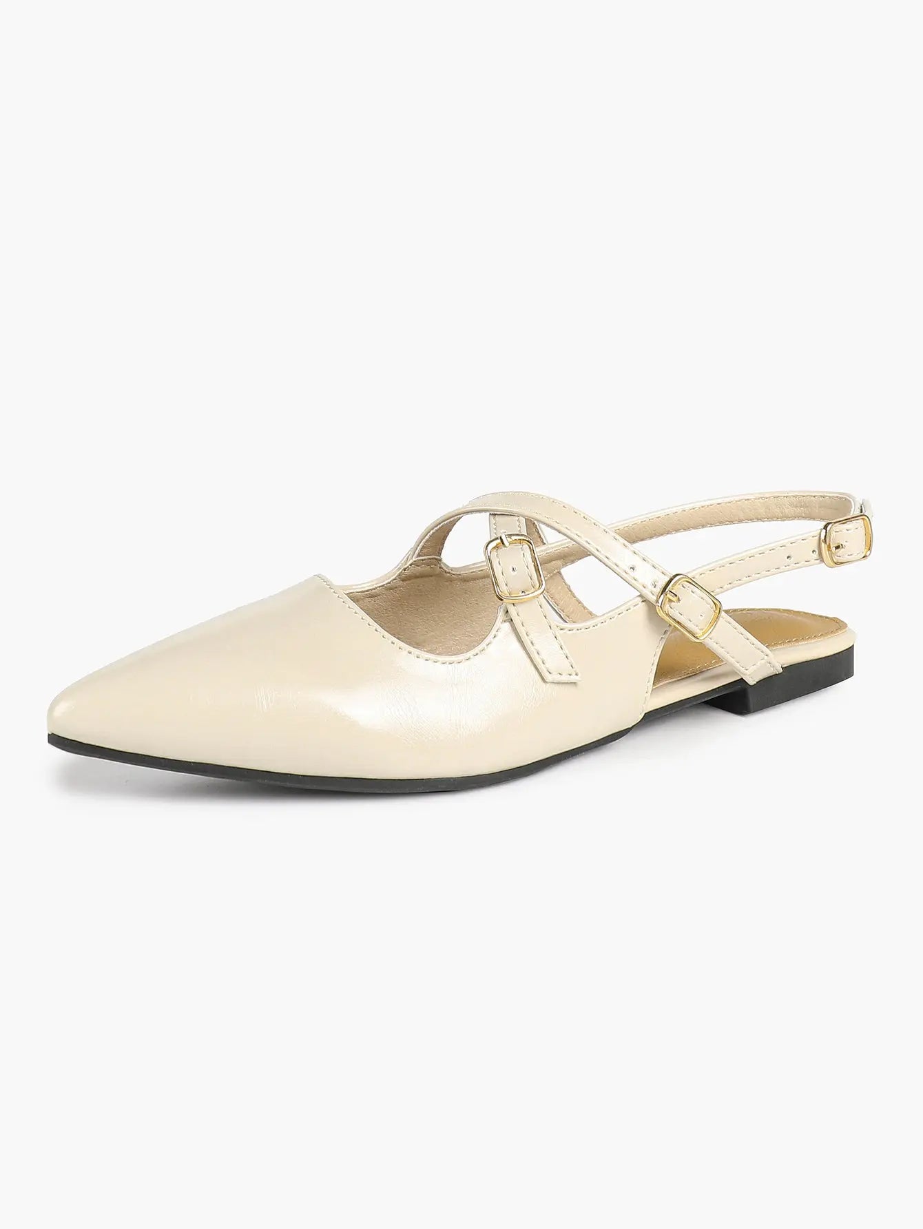 Women's Ivory Leather Ballet Flats Roman Cross Strap Closed Toe Pointed Flats for Work Party Dress Shoes YISHIFAN