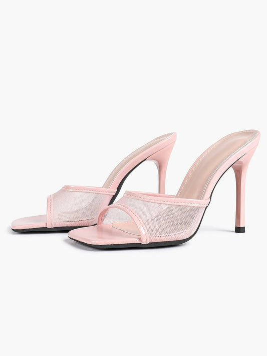 Women's Kitten Heels with Open Toe Square  Stiletto Sandals Slip On Mesh Mule Heels for Wedding Party YISHIFAN