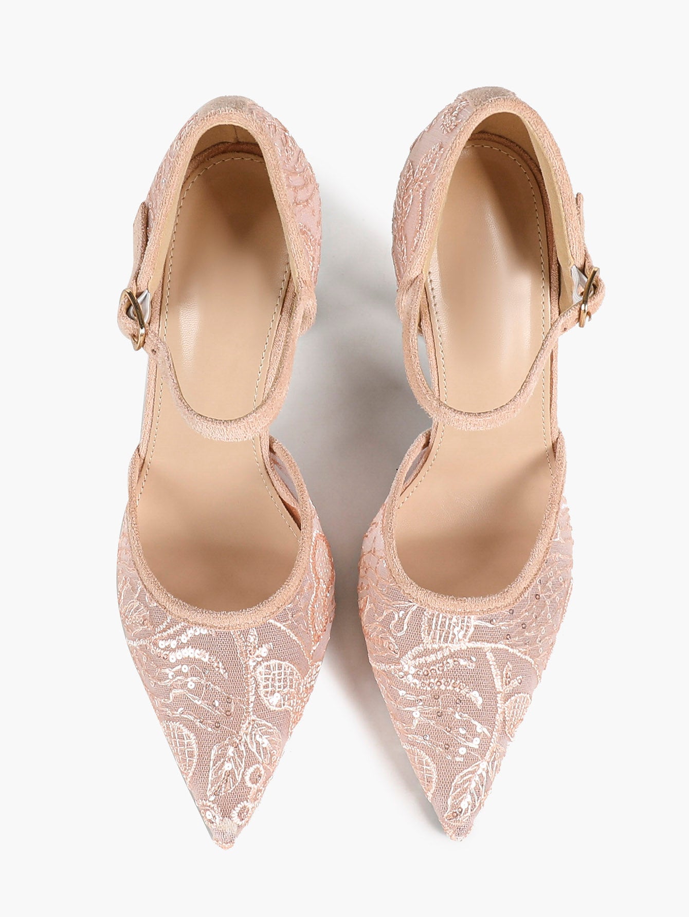 Sparkly Lace Pointed Toe Heels - 4.13" Ankle Strap Pumps with Non-Slip Sole